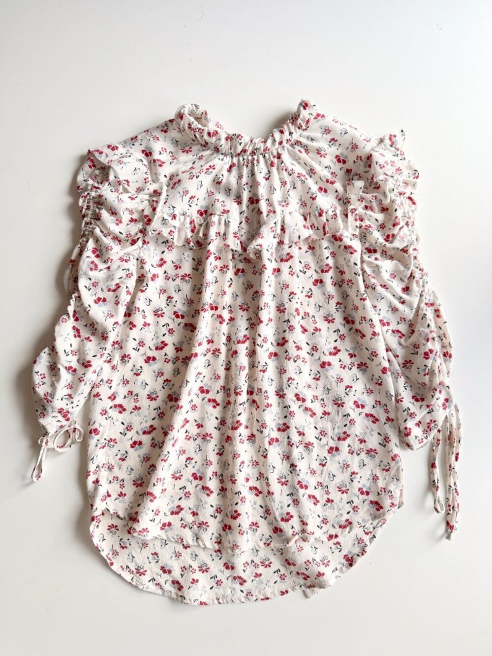VERONICA BEARD Howell Red Floral 100% Silk Crepe Ruched Sleeve Blouse, Size 2 - Picture 9 of 15